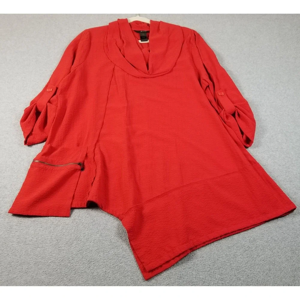 Ali Miles Tunic Top Women XL Red Cowl Neck Asymmetric Hem Lagenlook Flowy Blouse